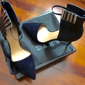 L.A.M.B. Navy Blue with Silver Stiletto Heels 4.5", Size 10